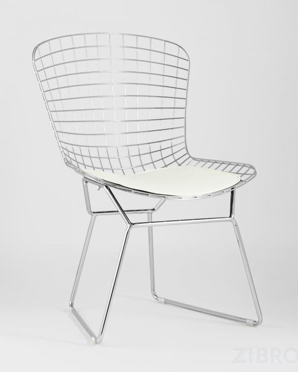 Стул обеденный Bertoia хромированный металл с белой подушкой из экокожи