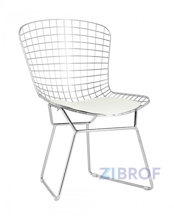 Стул обеденный Bertoia хромированный металл с белой подушкой из экокожи