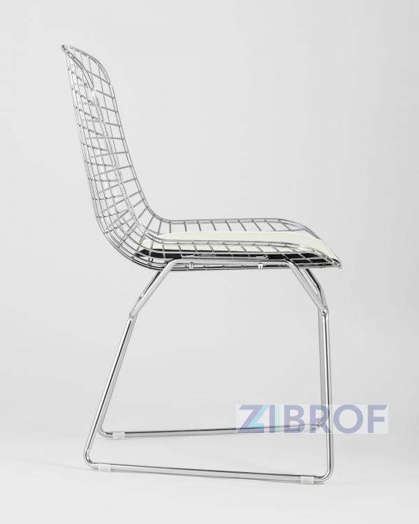 Стул обеденный Bertoia хромированный металл с белой подушкой из экокожи