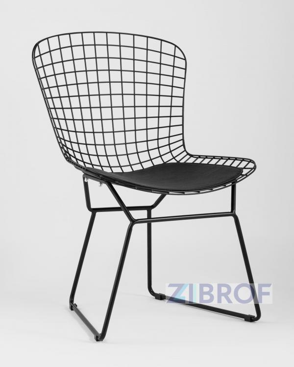 Стул обеденный Bertoia металлический черный с черной подушкой из экокожи Стул обеденный Bertoia металлический черный с черной подушкой из экокожи