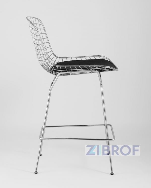 Стул полубарный с низкой спинкой Bertoia хромированный металл с черной подушкой из экокожи