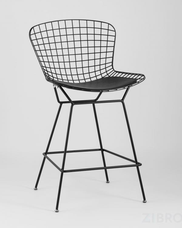 Стул полубарный с низкой спинкой Bertoia черный металл с черной подушкой из экокожи
