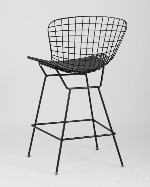 Стул полубарный с низкой спинкой Bertoia черный металл с черной подушкой из экокожи
