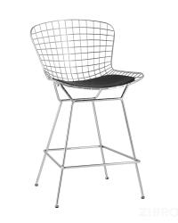 Стул полубарный с низкой спинкой Bertoia хромированный металл с черной подушкой из экокожи
