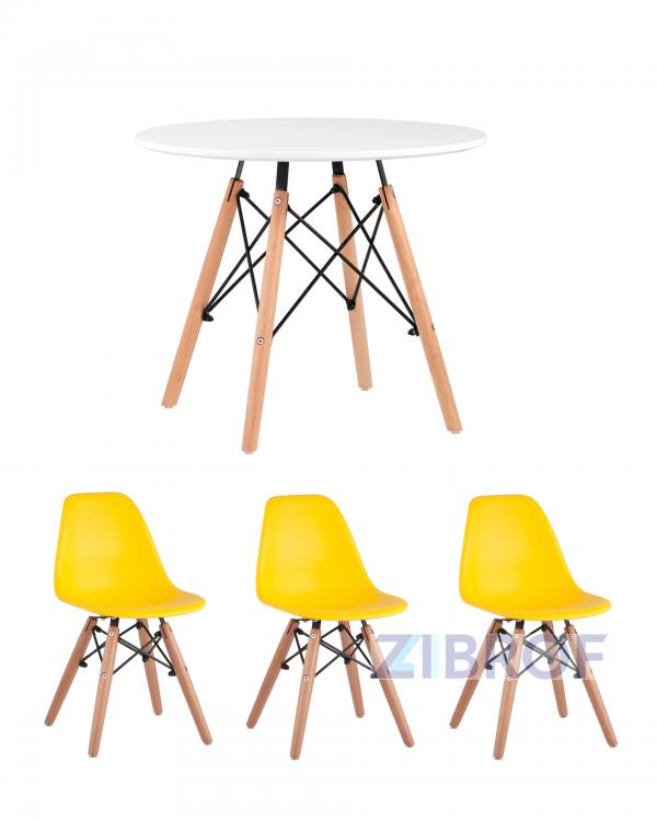 Комплект мебели детский стол Eames белый, 3 стульчика желтые