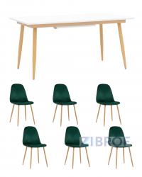 Обеденная группа стол Стокгольм 160-220*90, 6 cтульев Валенсия велюр темно-зеленый
