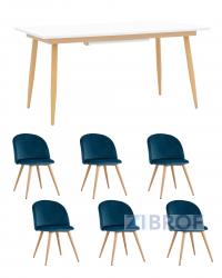 Обеденная группа стол Стокгольм 160-220*90, 6 cтульев Лион велюр голубой