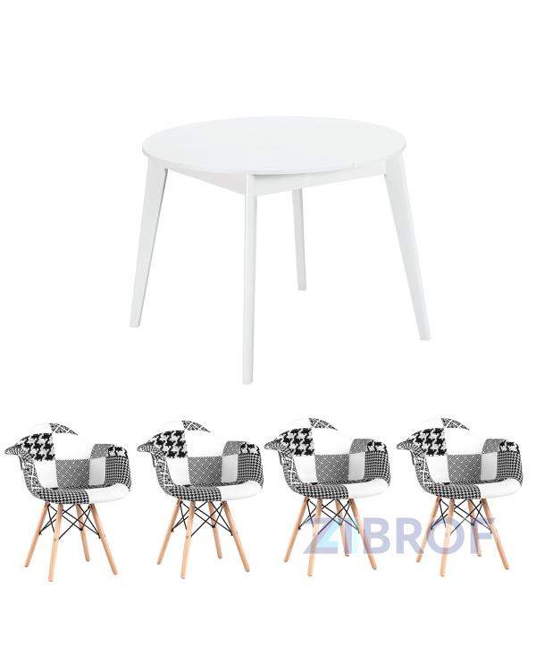 Обеденная группа стол Rondo раскладной 100-135*100 см белый, 4 кресла Eames пэчворк черно-белые