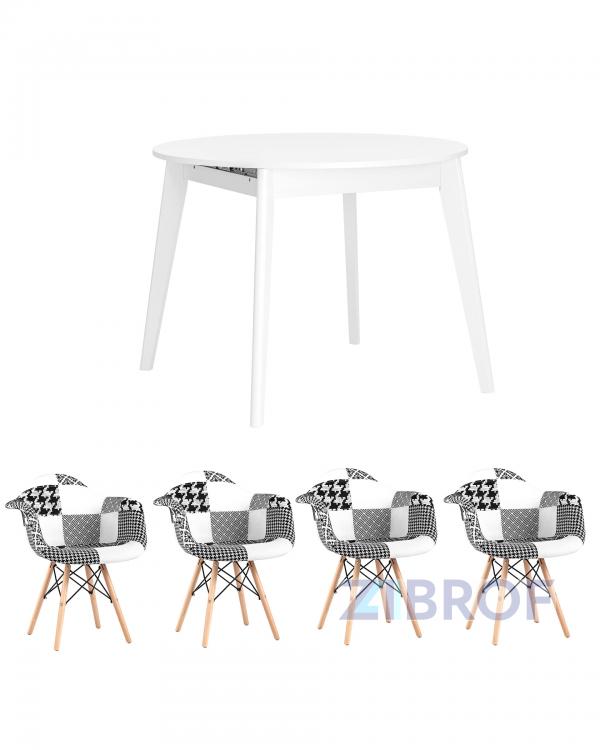 Обеденная группа стол Rondo раскладной 100-135*100 см белый, 4 кресла Eames пэчворк черно-белые