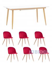 Обеденная группа стол Стокгольм 160-220*90, 6 cтульев Лион велюр красный